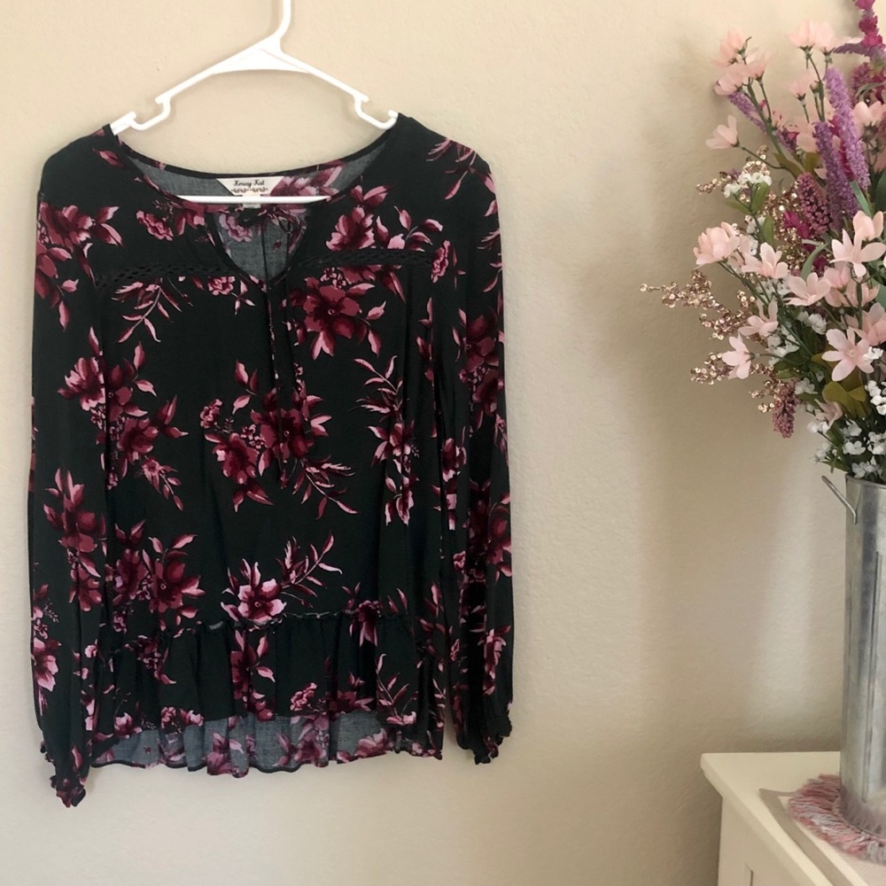 Krazy Kat Large Blouse Dark Green & Maroon Flower